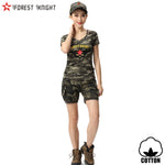 Army Camo Cotton T shirt Women Outdoor Camping Hiking Trekking Military Camouflage Tactical V-Neck Sports Sets Summer 2307